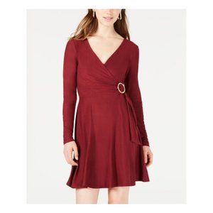 NWT PLANET GOLD Maroon Long Sleeve V Neck Mini Fit/Flare Dress Size L $45 v0029